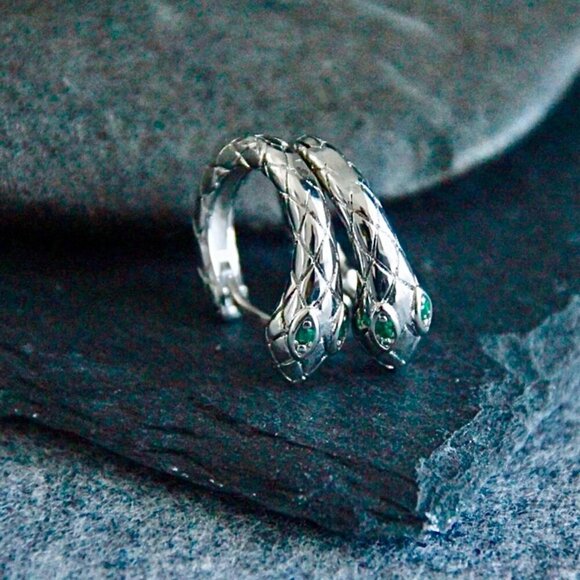 NWT Huggie Hoop Snake Earrings 14K Gold Plated Green CZ Minimalist Dainty - Picture 8 of 10